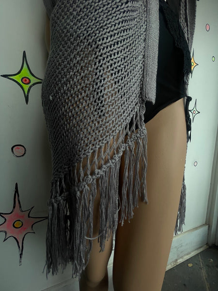 Y2K Gray Crochet Duster Vest | Boho Western Fairy Grunge Long Layering Robe