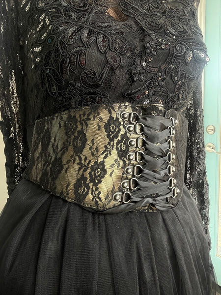 Black Gold Lace Waist Cincher Corset Belt Goth Glam Coquette Lace Up Waist Belt