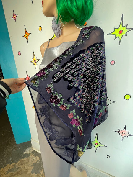 Burnout Velvet Peacock Beaded Shawl Cape Witchy Flapper Whimsy Goth Glam