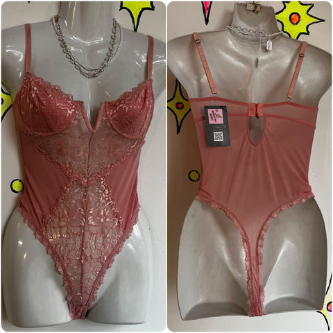 Vintage Teddy | Pink Lace Fairycore Lingerie Playsuit Bodysuit | Size S | A Cup