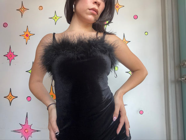 Black Velvet Feather Trim Mini Dress Whimsy Goth Glam Hollywood Femme XS