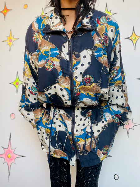 Vintage 90s Boho Grunge Wearable Art Silk Windbreaker Bomber Jacket | Size M