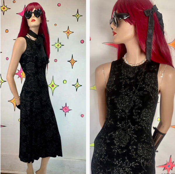 Vintage 90s Whimsigoth Glitter Dress Black Sparkle Goth Fairy Maxi Dress - S