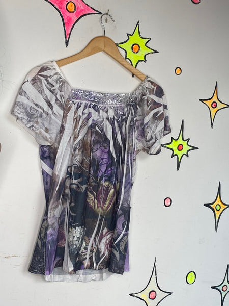 Y2K Purple Fairy Grunge Tattoo Print Top McBling Vintage Suzie Aesthetic M