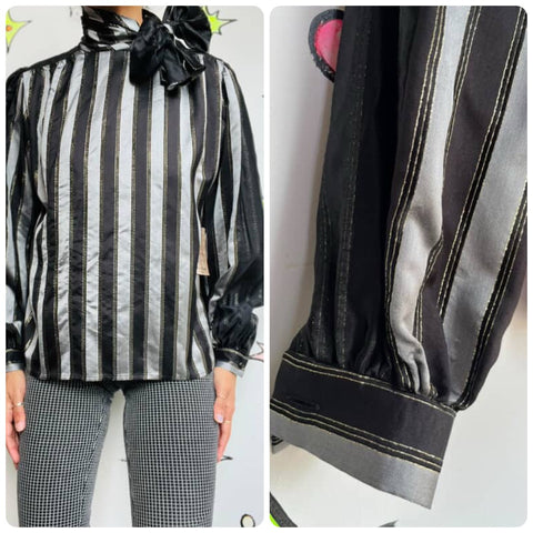 Vintage Glam Metallic Silver & Black Secretary Bow Blouse Valentino NIGHT M/L