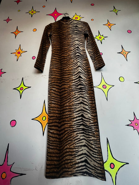 Tiger Print Maxi Dress Y2K Animal Print Bodycon Goth Grunge Stretch Dress | M