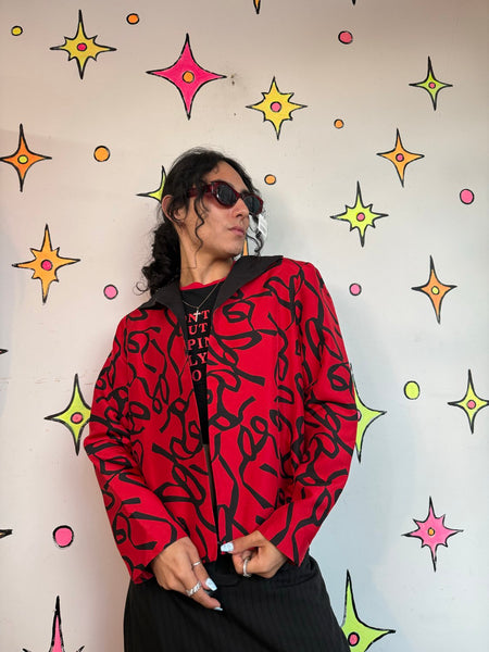 Vintage 80s 90s Silk Blazer Red Black Abstract Art Whimsy Goth Jacket Blazer M