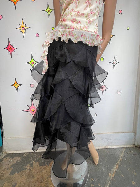 Y2K Whimsy Goth Western Boho Grunge Black Ruffle Tiered Maxi Skirt - Small