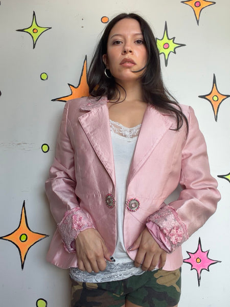 Lily Taylor Y2K Pink Silk Blazer | Barbiecore Dollcore 80s Girly McBling Glam L