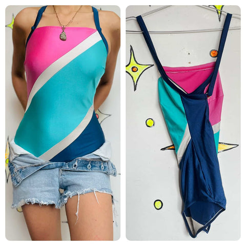 1980s/90s Sport Core Striped Colorblock Swimsuit - Pink & Aquamarine - Size 14