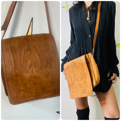 Vintage 70s Tooled Leather Boho Western Satchel | Floral Hippie Crossbody Bag