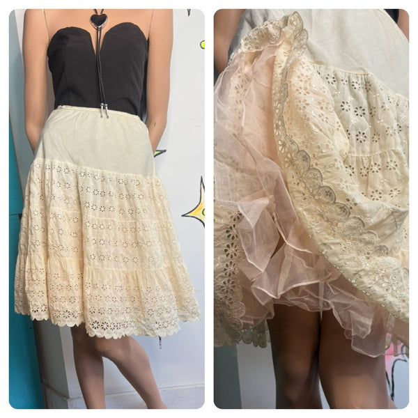 Vintage White Pink Crinoline Ruffles Layered Lace Coquette Babydoll Petticoat SM
