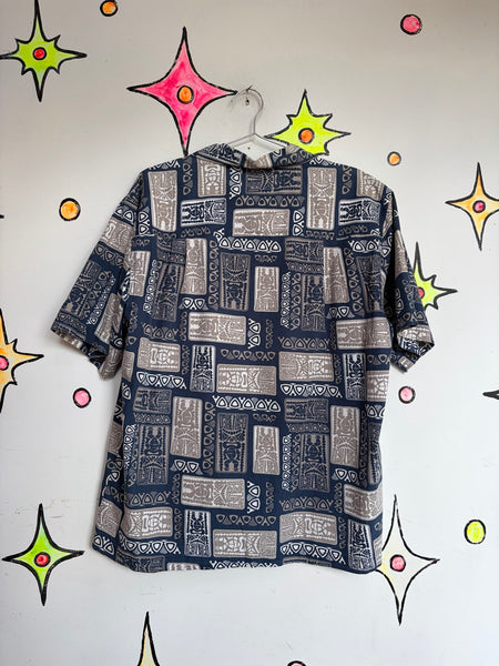 Blue & Khaki Hawaiian Souvenir Tiki Aloha Party Shirt Oversized Boxy Cotton M