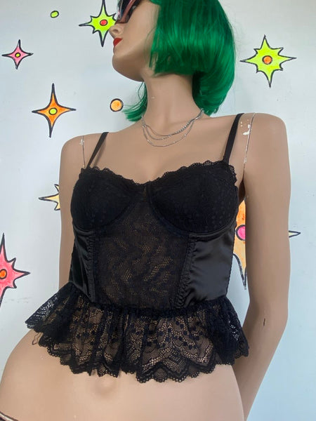 Black Whimsigoth Ruffled Lace Corset Top Victorian Revival Goth Romantic XS/S