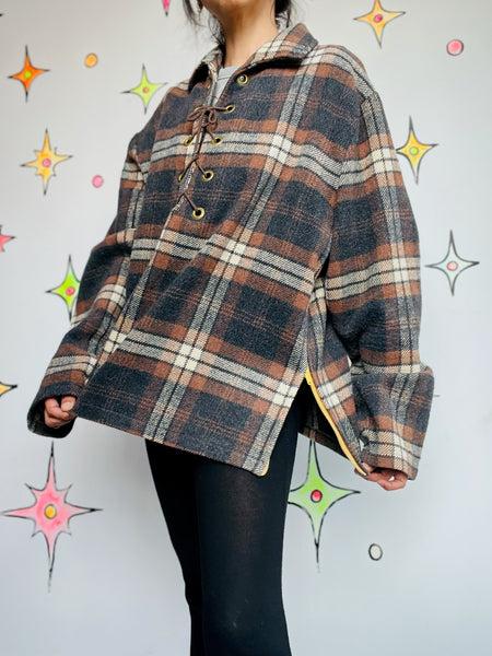 Vintage 60s Rawhide Lacer Brown Plaid Pullover Wool Shirt | Workwear Flannel XL