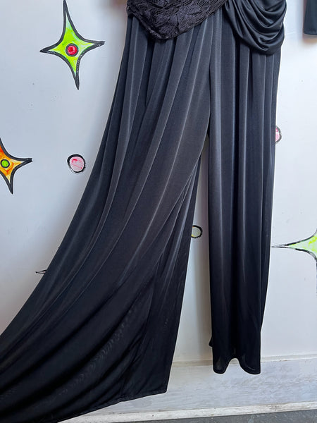 Vintage 80s Black Ruched Lace Jumpsuit | Goth Glam Formal Party Gown – L
