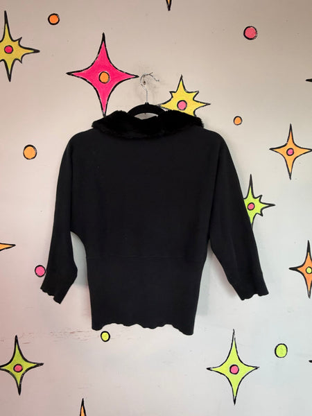 90s Black Faux Fur Trim Cardigan Goth Grunge Glam Cropped Sweater - Large