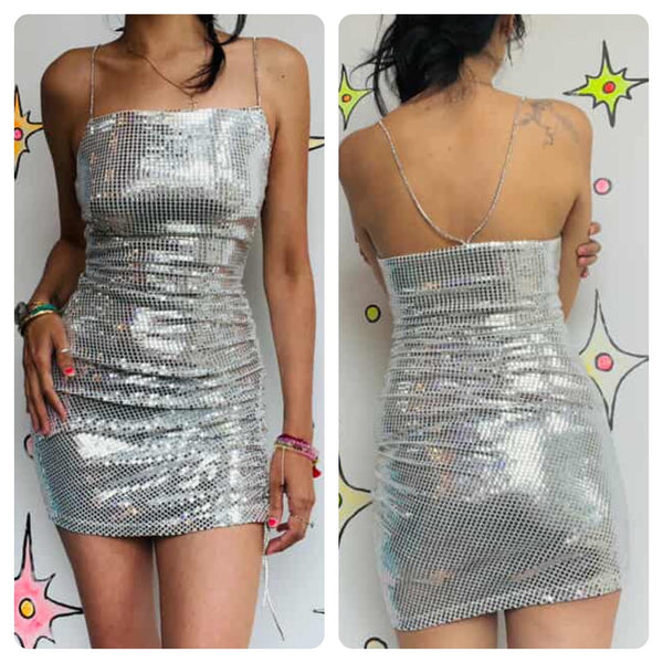 Y2K Metallic Silver Mini Party Dress w/ Rhinestone Straps – XS/Small - Disco