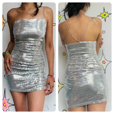Y2K Metallic Silver Mini Party Dress w/ Rhinestone Straps – XS/Small - Disco