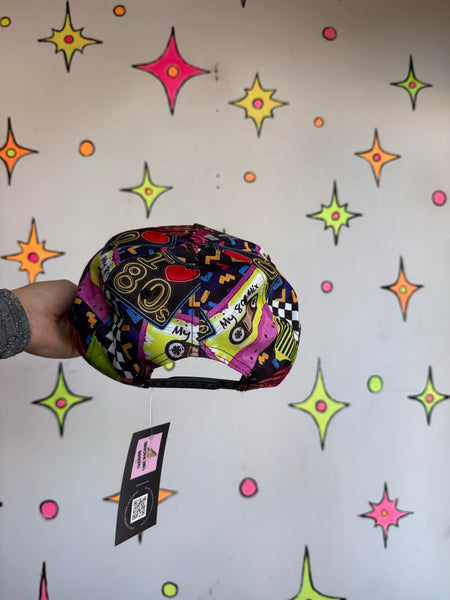 Retro 80s Party Baseball Cap Cassette Tape Rubix Cube Novelty Hat Pop Art
