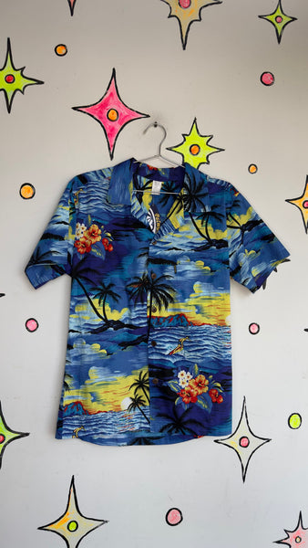 Blue Hawaiian Aloha Shirt Vintage Tiki Party Button Up Tropical Shirt SM