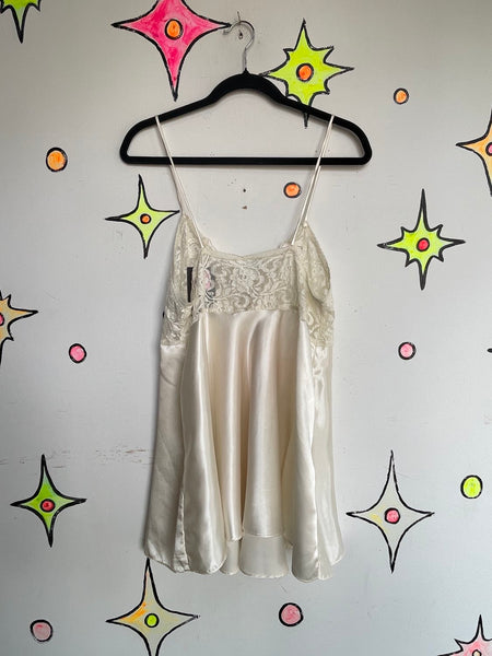 Ivory Satin & Lace Beaded Slip Dress Romantic Fairy Whimsy Grunge Mori Kei M