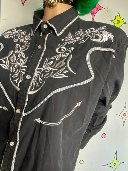 Men’s Black Embroidered Western Shirt Goth Cowboy Grunge Button Down L