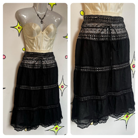 Vintage 90s Y2K | Black Fairy Grunge Whimsy Goth Tiered Ruffle Midi Skirt | L