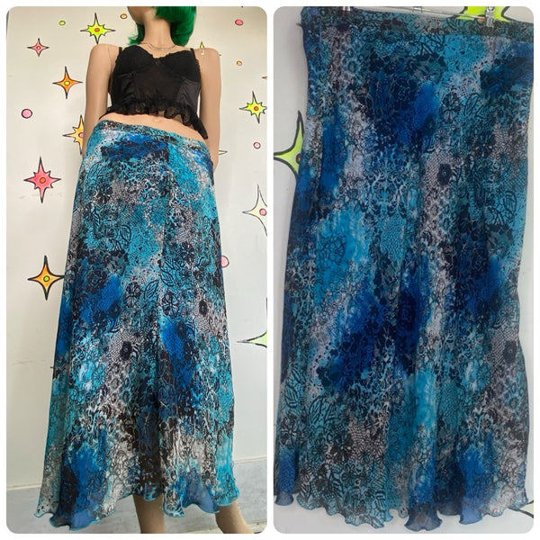 Y2K Blue Lace Tattoo Print Midi Skirt Fairy Grunge Aquamarine Mermaidcore Goth L