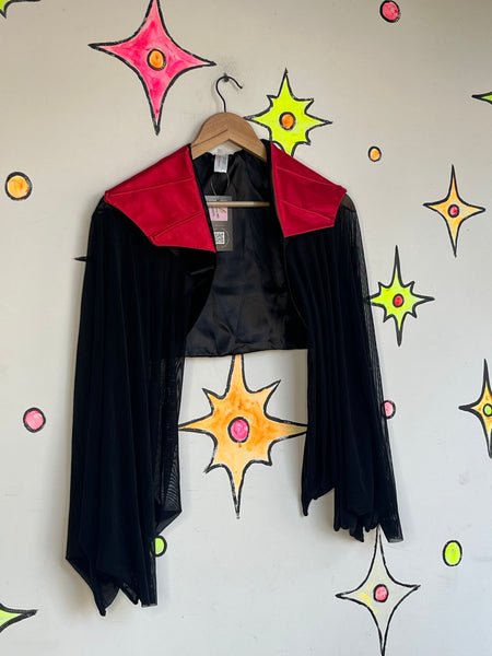 Vampire Cape with Stand Up Red Collar – Black Sheer Bat Sleeves Goth Cosplay XL