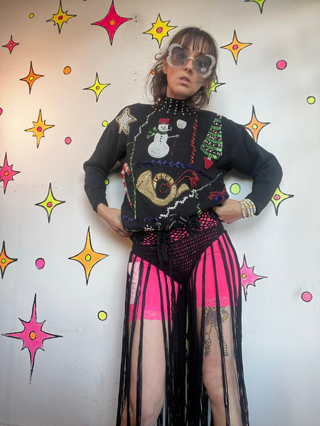 Black Crochet Fringe Shorts Y2K Festival Boho Rave Goth Maximalist Hot Pants S
