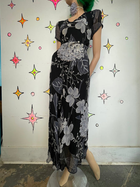 Vintage 90s Y2K Black Whimsy Goth Fairy Grunge Patchwork Floral Maxi Dress - L