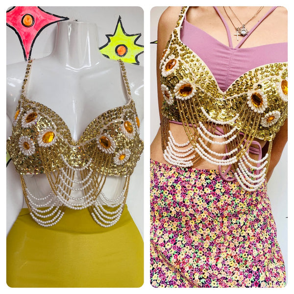 Vintage Gold Beaded Boho Hippie Gypsy Bellydancer Selena Seqin Bustier Bra Top
