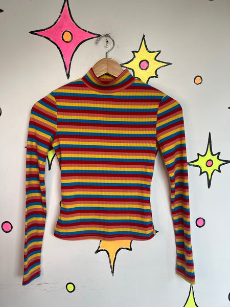 Rainbow Ribbed Turtleneck Clowncore Retro Mod 60s Y2K Colorful Stretch Top XS