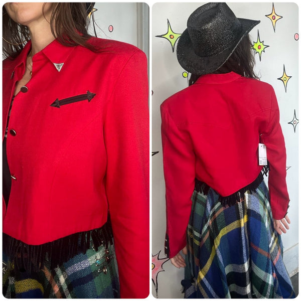 Vintage Rockabilly Red & Black Western Fringe Top Cropped Cowgirl Grunge M
