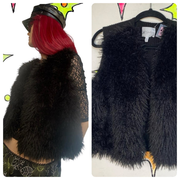 Y2K Black Faux Fur Crop Vest Jessica Simpson McBling Baddie Glam - Free Size