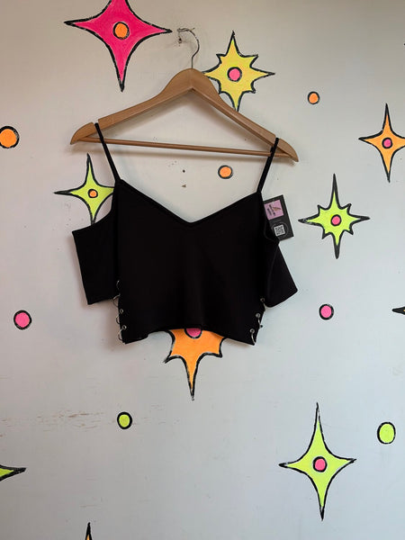 Y2K Black Goth Lace-Up Side Crop Top Emo Punk Grunge Fairy Mall Goth Tee S/M