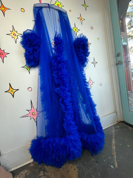 Old Hollywood Decadent Blue Chiffon Ruffle Robe – Sheer Lingerie Boudoir Glam