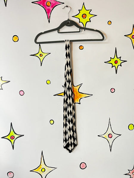 Vintage 90s Looney Tunes Paris Silk Tie – Black & White Harlequin Print Necktie