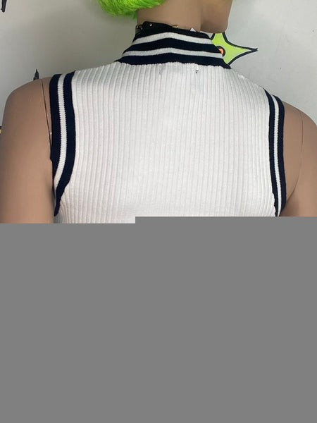 Retro Rib Knit Zip Up Turtleneck Top 90s Preppy Grunge Cropped Sweater S