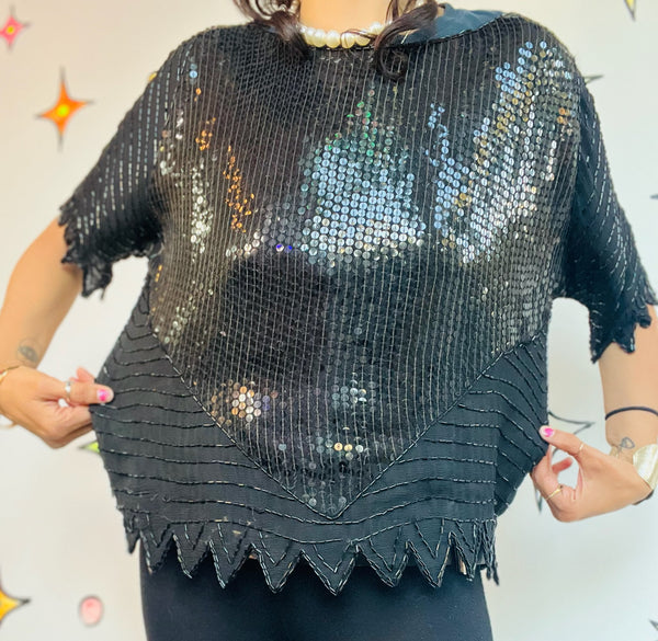 Vintage 80s 90s Black Whimsy Goth Glam Party Silk Sequin Blouse – Beaded – M