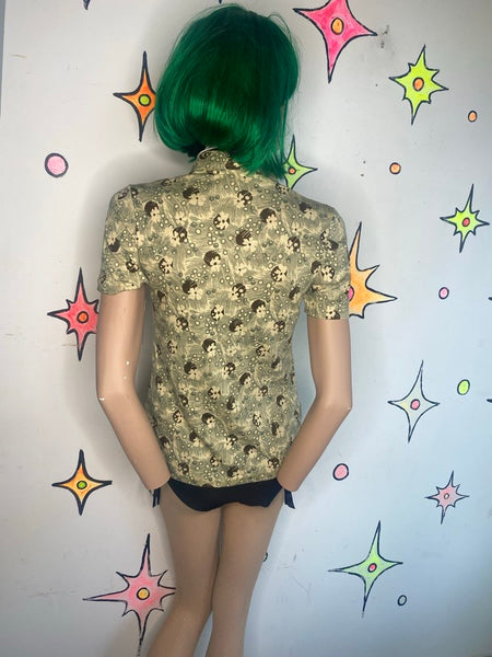 Vintage 70s Retro Groovy Fitted Button-Down Shirt Green Dagger Collar Top - M