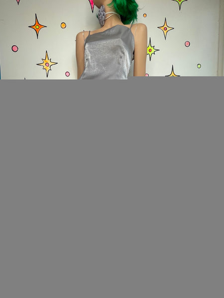 90s Silver Metallic Glam Maxi Dress Side Slit Fairy Grunge Prom Slip Gown S