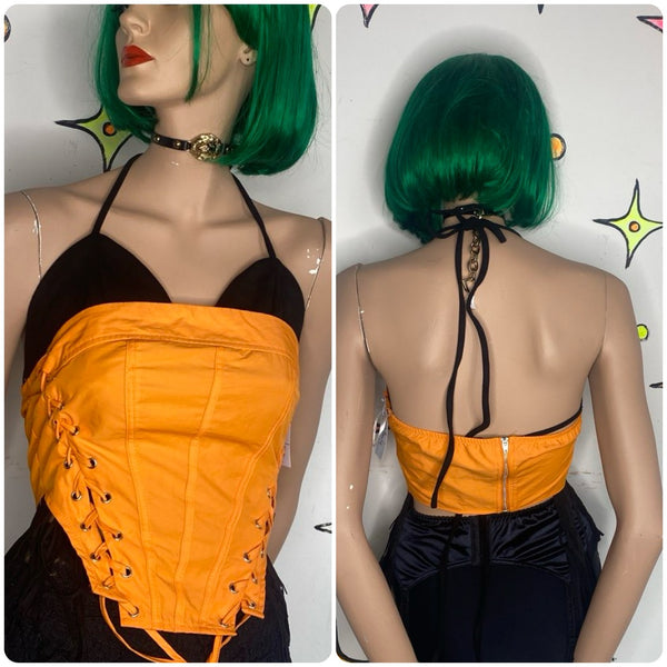 Orange Corset Top Cyber Grunge Goth Lace Up Rave Neon Bustier S