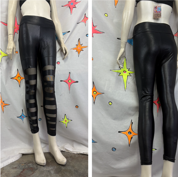 Y2K Black Vegan Leather Pants Thrashed Cyber Goth Punk High Rise Glam Leggings S