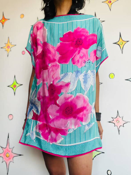 Vintage Billie Kunody Art Print Silk Oversized Boho Top / Blouse - Flowy One Size