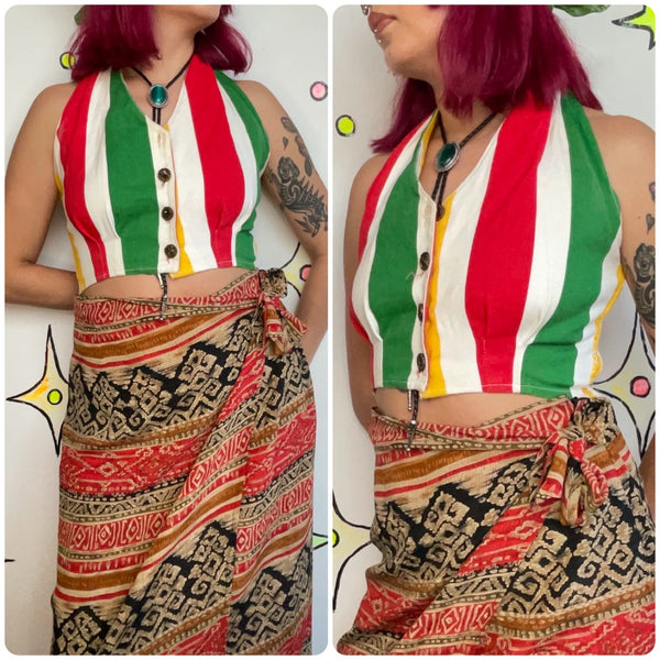 Vintage 90s Groovy Cropped Halter Top Red Yellow Stripe Anchor Buttons Sailor - S