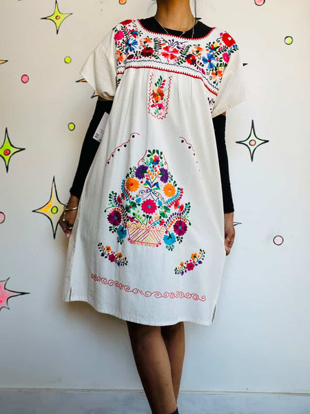 Vintage Mexican Off White Boho Hand Embroidered MuuMuu Dress Festival Wear S/M
