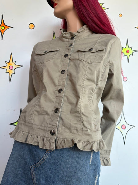 Y2K Khaki Military Jacket Soft Grunge Ruffled Utility Blazer Fairy Grunge XL