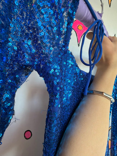 Y2K Blue Sequin Glitter Mini Dress Holiday Party Disco Glam Maximalist S